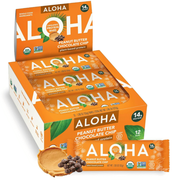 ALOHA Organic Plant Based Protein Bars |Peanut Butter Chocolate Chip | 1.98 Oz (Pack of 12) | Vegan, Low Sugar, Gluten Free, Paleo, Low Carb, Non-GMO, Stevia Free, Soy Free, No Sugar Alcohols