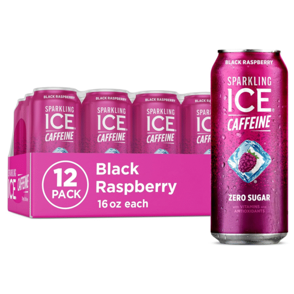 Sparkling Ice Caffeine Black Raspberry Sparkling Water with Caffeine, Zero Sugar, with Antioxidants and Vitamins,16 fl oz Cans (Pack Of 12)