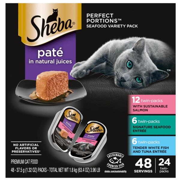 Sheba Perfect Portions Wet Cat Food Pate with Sustainable Salmon, Signature Seafood Entree, and Tender Whitefish and Tuna Entree Variety Pack, 2.6 oz. Twin Pack Trays (24 Count, 48 Servings)