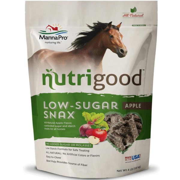 Manna Pro Nutrigood Low-Sugar Horse Treats – Apple Flavor, Healthy Natural Reward for Horses and Ponies, No Added Sugar, Made in USA, Low-Starch Equine Snacks, Supports Diets, 4 lb Bag