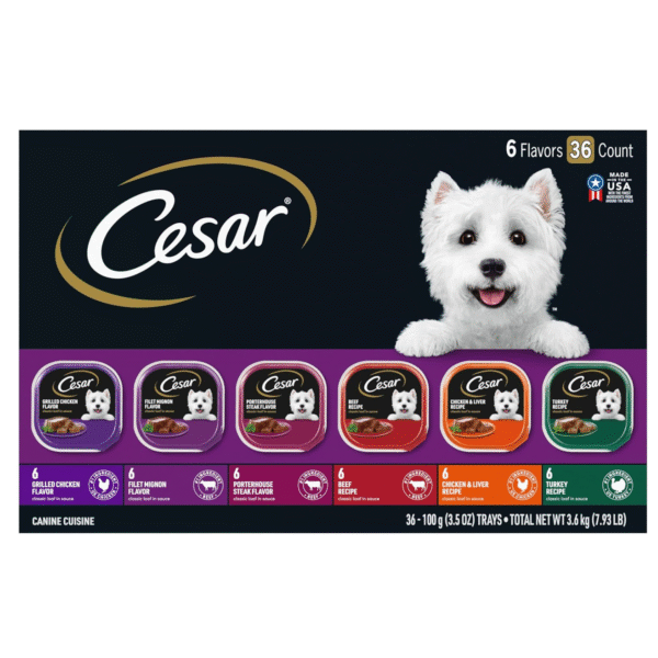 Cesar Wet Dog Food Classic Loaf in Sauce Grilled Chicken, Filet Mignon, Porterhouse Steak, Beef, Chicken & Liver and Turkey Variety Pack 3.5 oz. Easy Peel Trays (36 Count, Pack of 1)