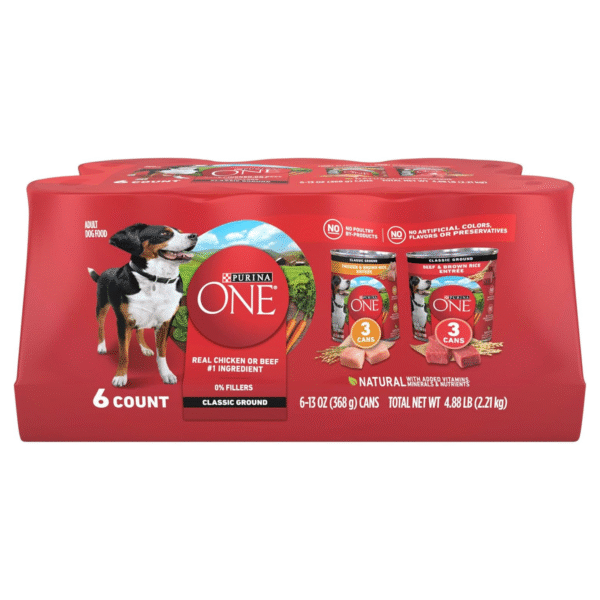 Purina ONE Classic Ground Chicken and Brown Rice, and Beef and Brown Rice Entrees Wet Dog Food Variety Pack - (Pack of 6) 13 oz. Cans