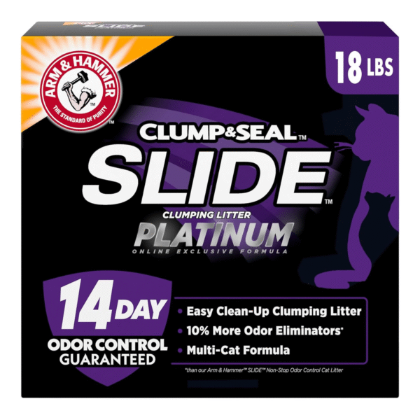 ARM & HAMMER Clump & Seal SLIDE Platinum Multi-Cat Clumping Cat Litter, 14-Day Odor Control, EZ Clean Technology, 18 lbs – No Scrubbing, Powerful Odor Eliminator