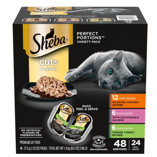 Sheba Perfect Portions Wet Cat Food Cuts in Gravy Variety Pack, Roasted Chicken Entree, with Sustainable Salmon, and Tender Turkey Entree, 2.6 oz. Twin-Pack Trays (24 Count, 48 Servings)
